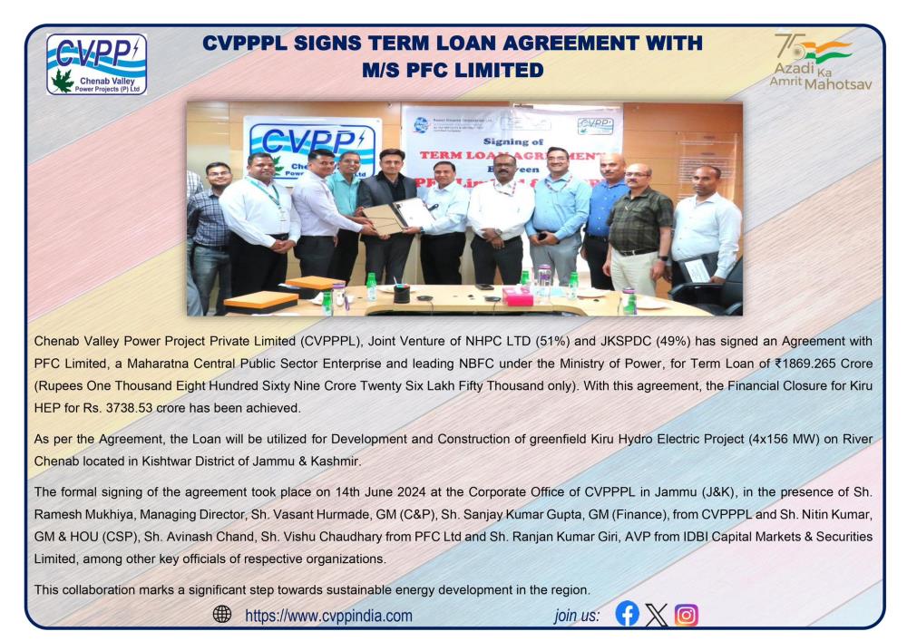 CVPPPL SIGNS TERM LOAN AGREEMENT WITH M/S PFC LIM...