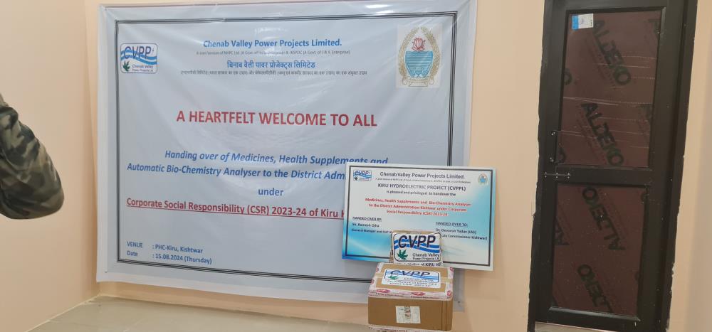 Handing over of Medicines, Health Supplements and Bio-Chemistry Analyser to District Administration, Kishtwar by Kiru HEP under Ongoing CSR Activity for FY 2023-24